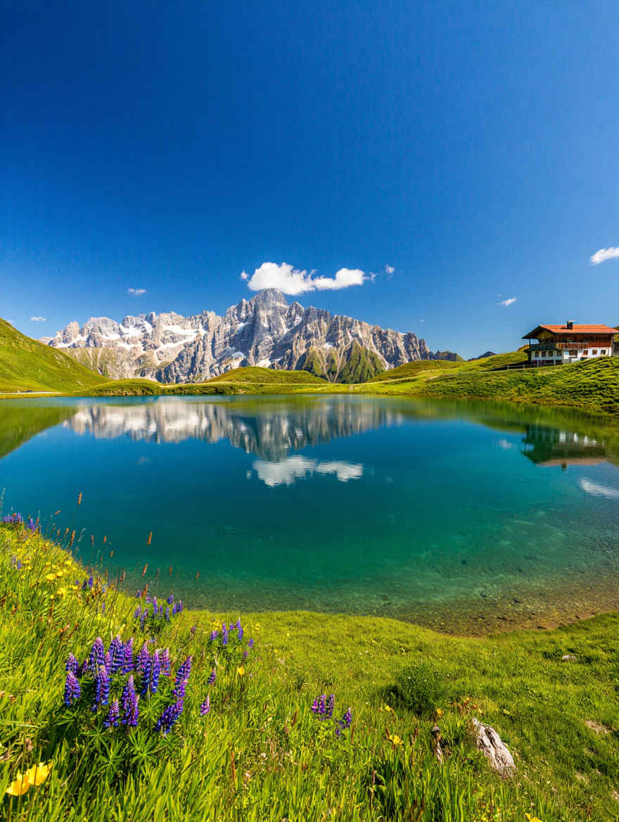 Bayerische Alpen im Frühling — klare Bergseen, Almwiesen und schneebedeckte Gipfel